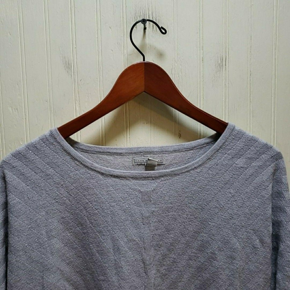 Dana Buchman Sweater Womens Large Gray Boat Neck 3/4 Sleeve Knit Metallic Thread